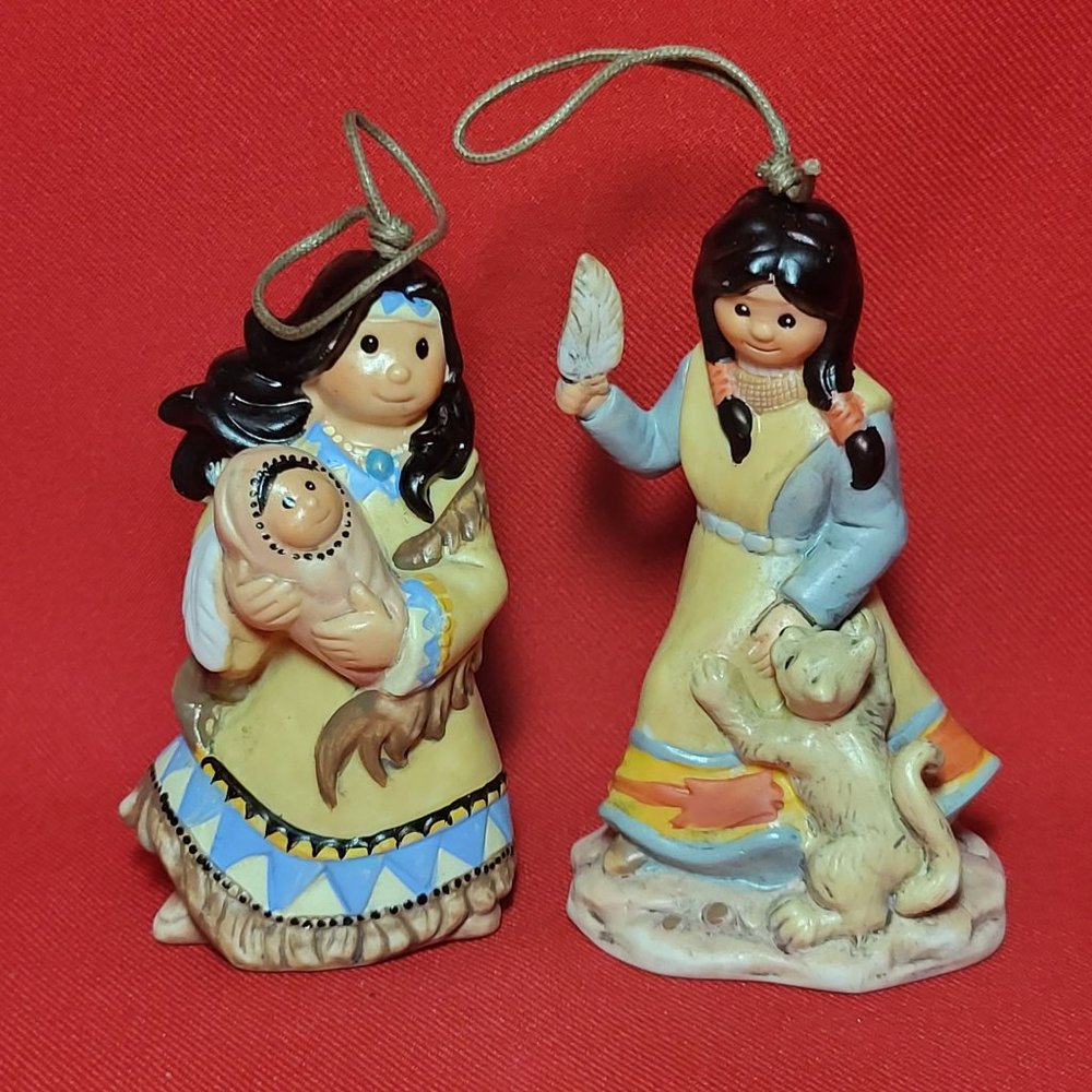Native American Indian Figurine Bell Ornaments Set of 2